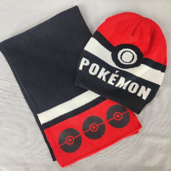 Pokémon Poke Ball Knit Scarf and Beanie Hat Set One Size Fits All Black Red - Picture 1 of 10